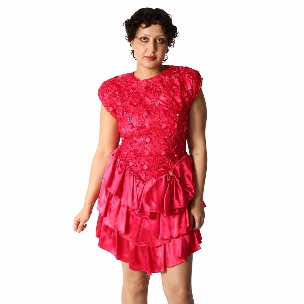 Vintage 80s 90s Pink Satin Sequin Party Dress Womens 11/12 Peplum Tiered Mini